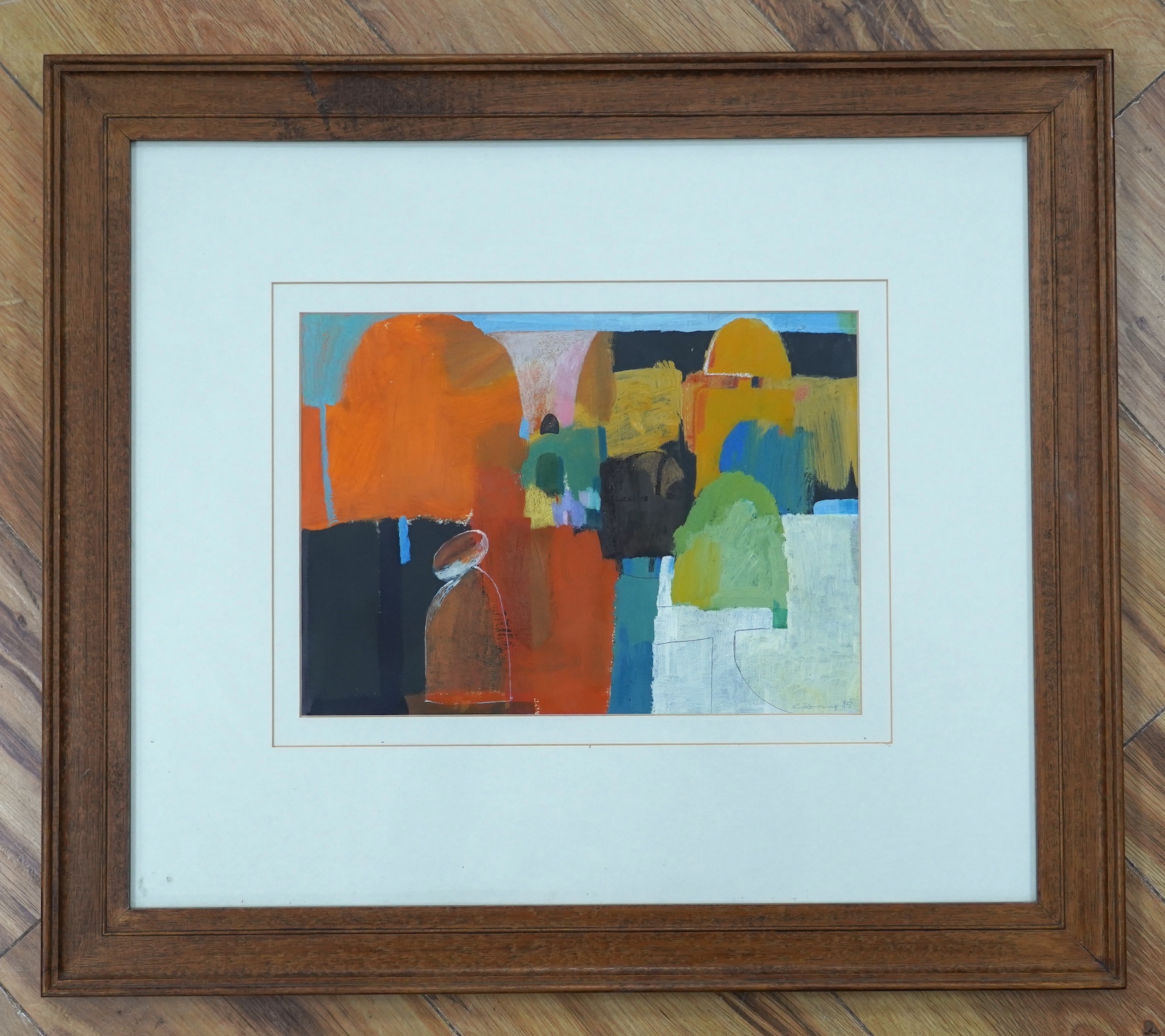 Claire Denny (contemporary), gouache on paper, abstract composition, Geometric shapes, signed and dated '95, 22 x 28.5cm